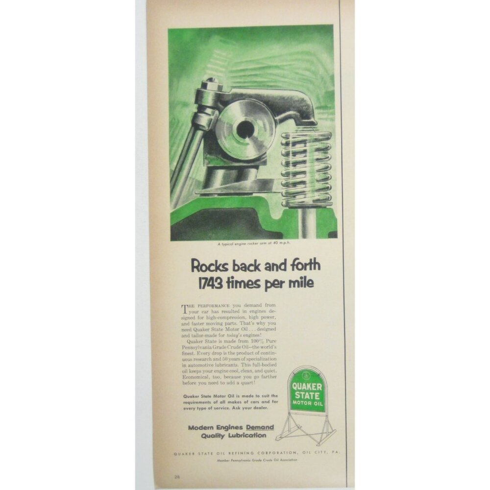 Vintage 1950s Quaker State Motor Oil Print Ad Car Auto